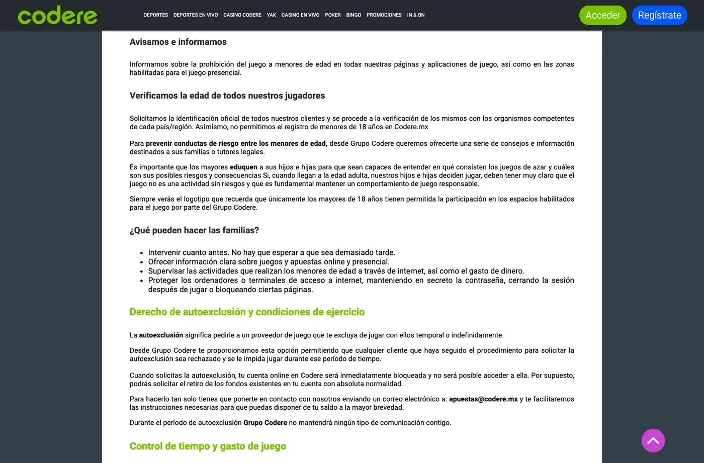Política y procedimiento de autoexclusión de Codere México