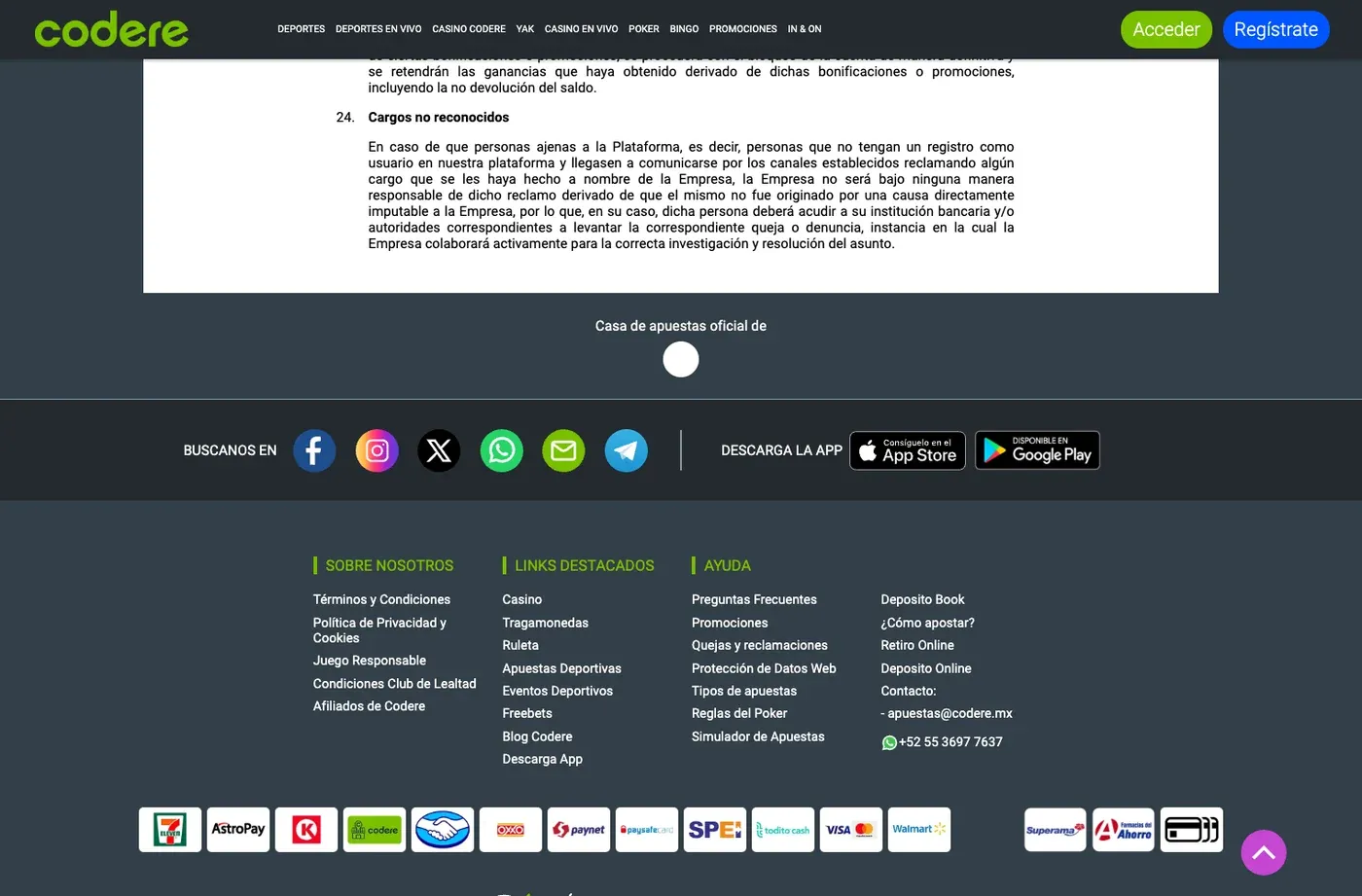 Aviso legal de Codere México con operador y permisos SEGOB