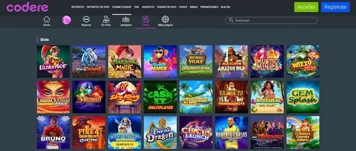 Lobby de slots, buscador y juegos de Codere México