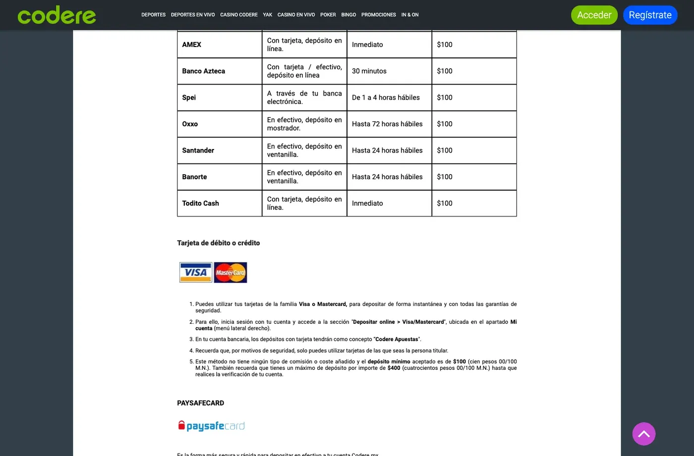 Métodos, mínimos y tiempos de depósito publicados por Codere México