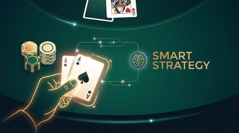 Manos en una mesa de blackjack, cartas y fichas, sugiriendo estrategia y éxito en el juego.
