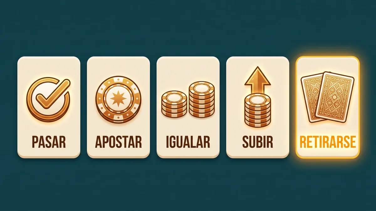 Cinco acciones básicas del póker: pasar, apostar, igualar, subir y retirarse