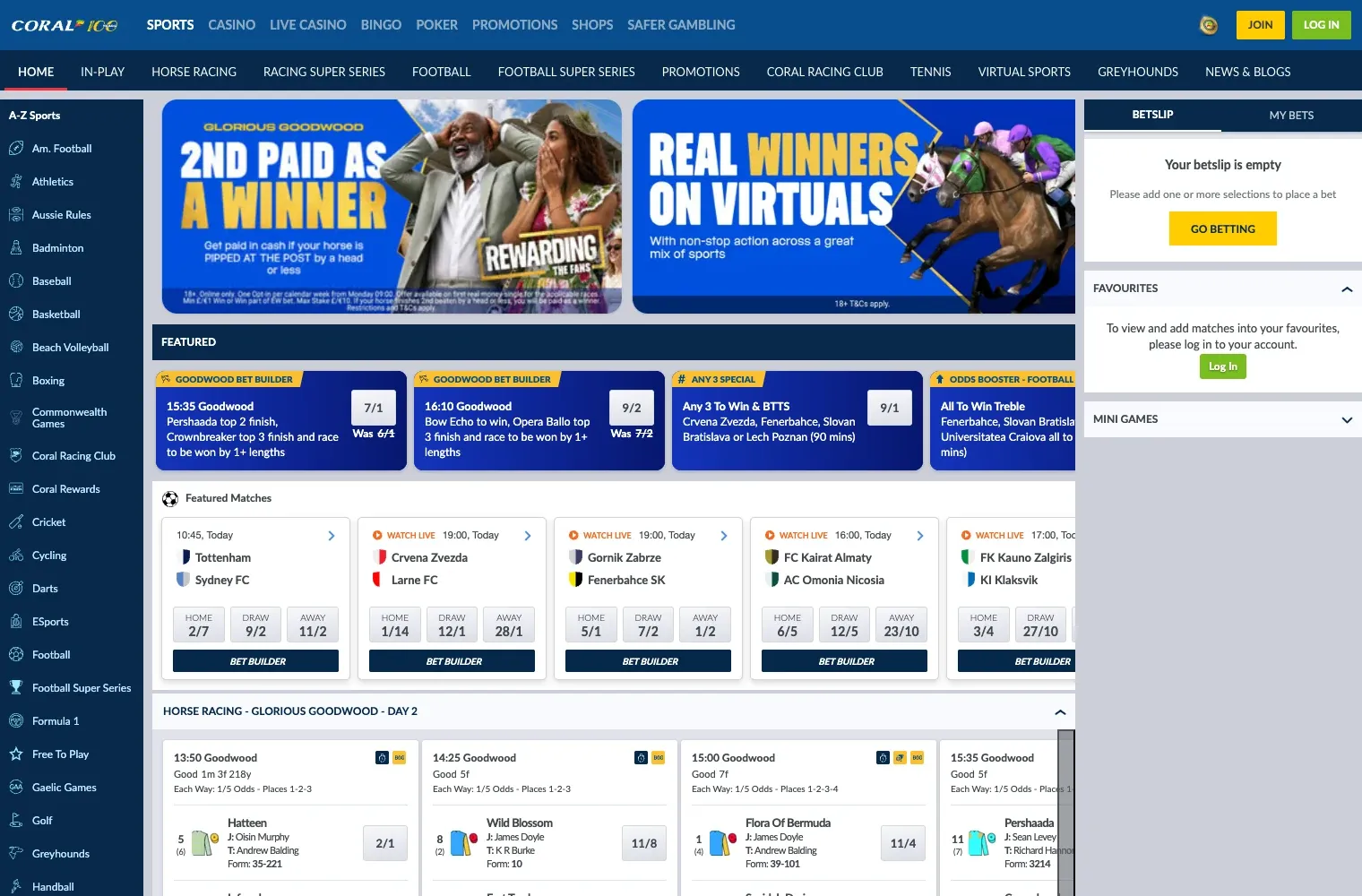 Coral UK sportsbook showing Goodwood racing and featured football odds
