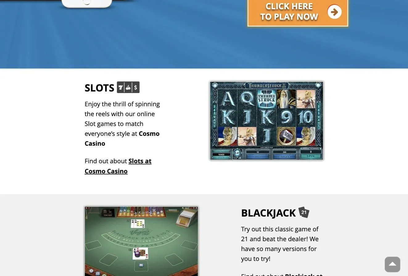 Cosmo Casino games page showing slots and blackjack categories