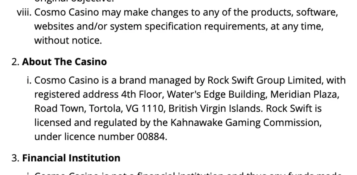 Cosmo terms naming Rock Swift Group Limited and Kahnawake licence 00884
