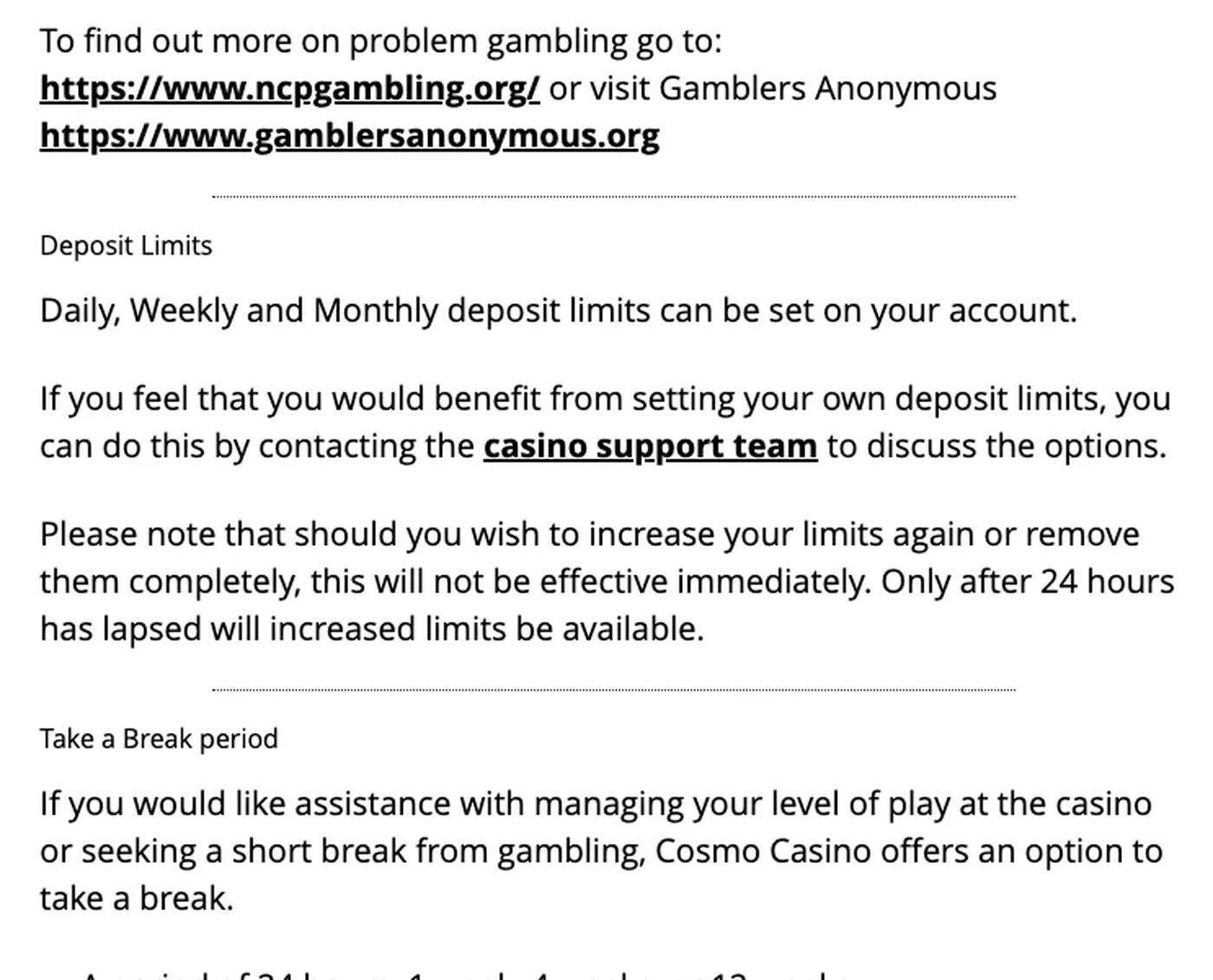 Cosmo responsible gambling page showing deposit limits and break controls