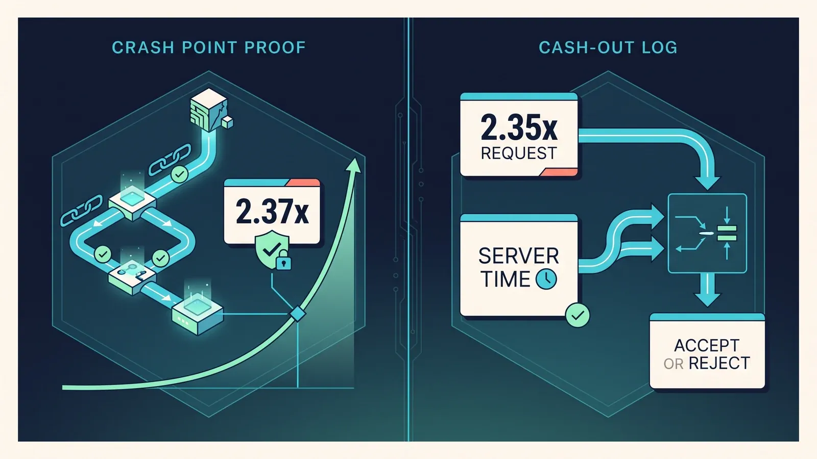 Crash point cryptographic proof compared with separate cash-out timing logs
