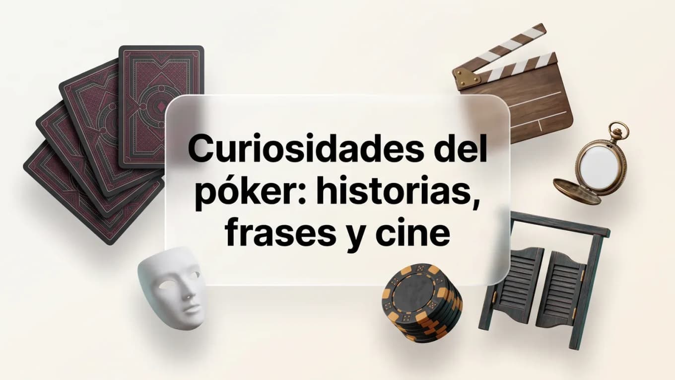 Portada sobre curiosidades del póker con cartas, máscara, fichas y claqueta de cine