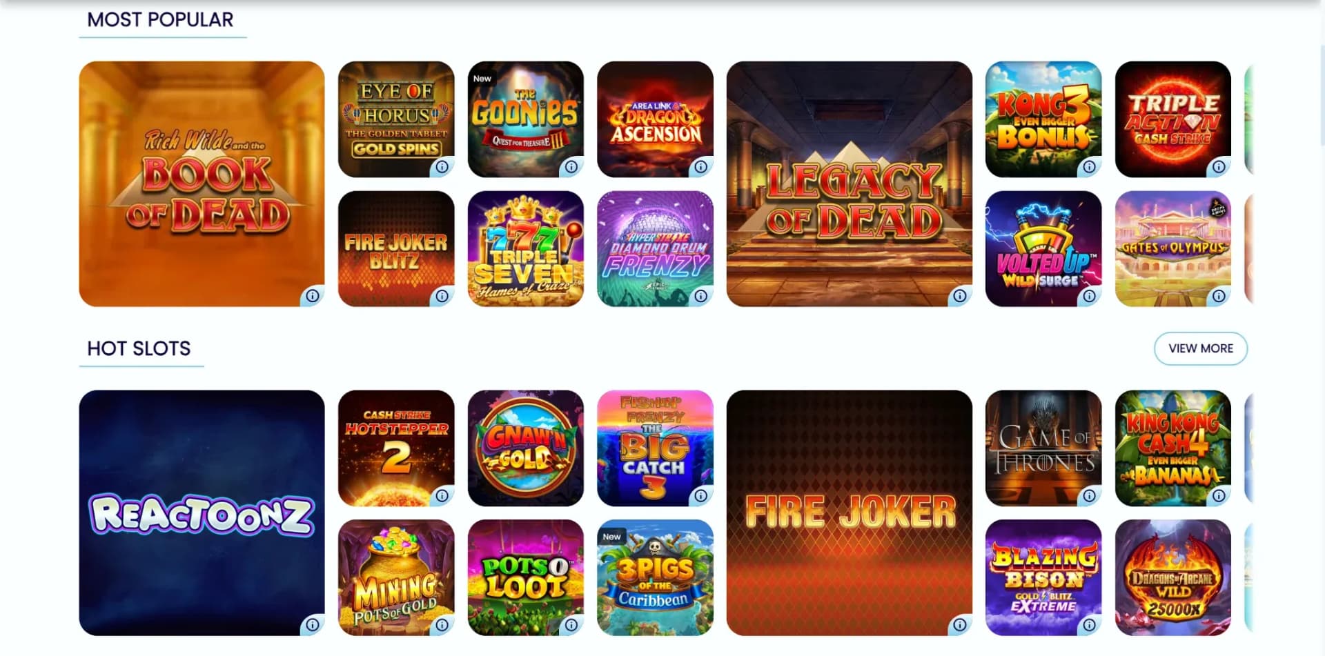 Dream Jackpot lobby showing popular and hot slot games