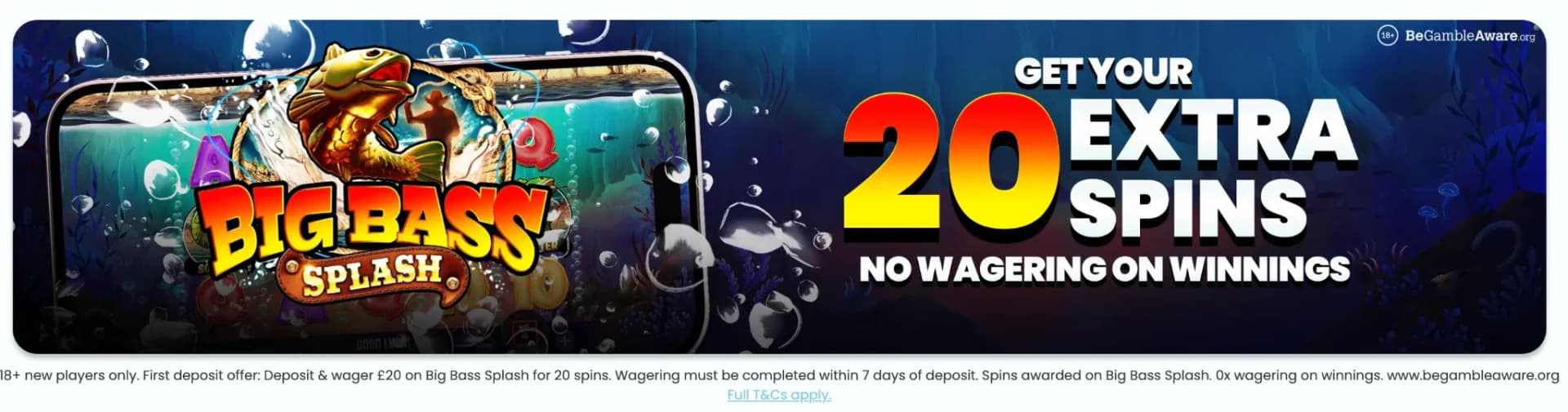 Dream Jackpot welcome banner for 20 Big Bass Splash spins with no wagering on winnings
