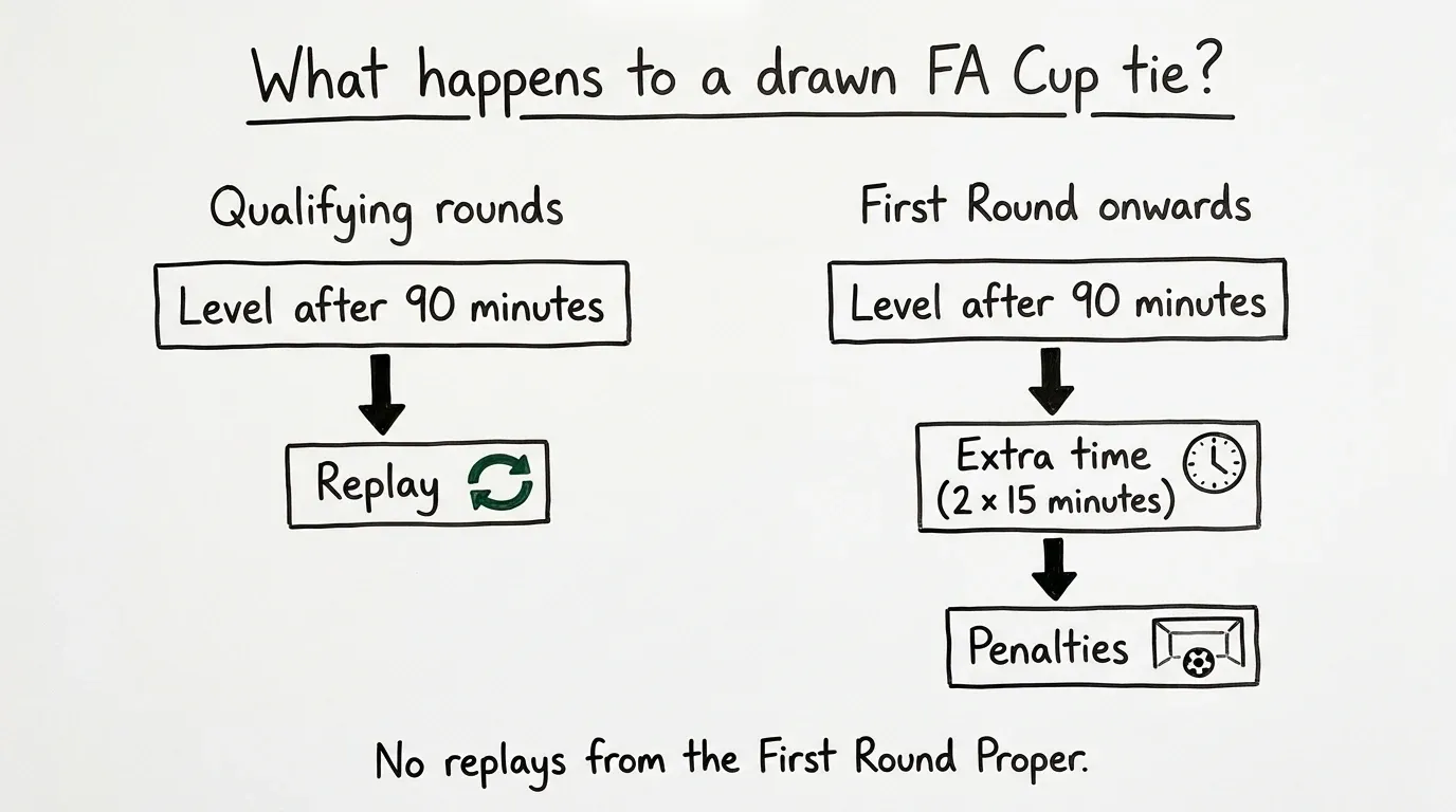 Diagram of a drawn FA Cup tie: a replay in qualifying, extra time then penalties from the First Round Proper