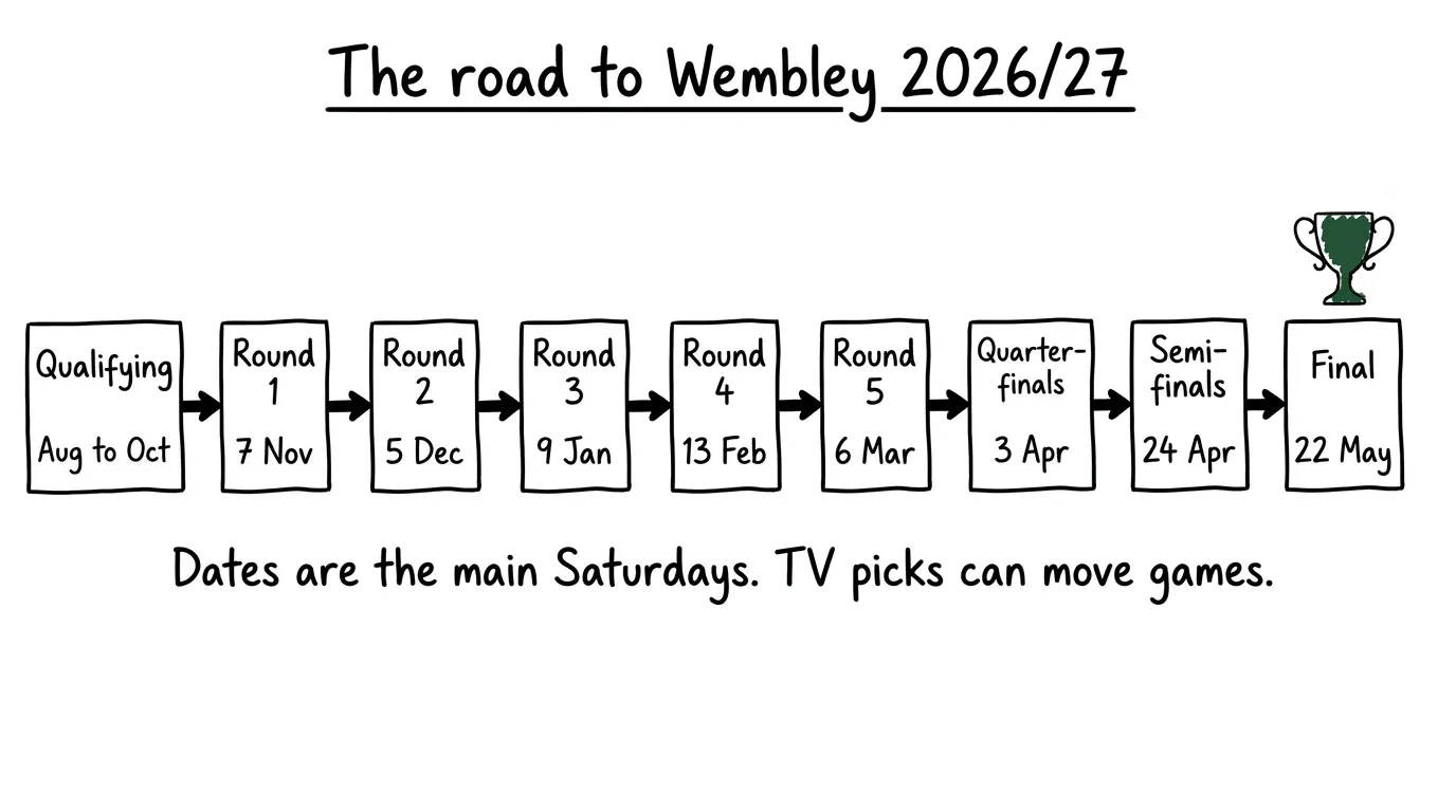 FA Cup 2026/27 timeline from qualifying in August to the Final on 22 May 2027