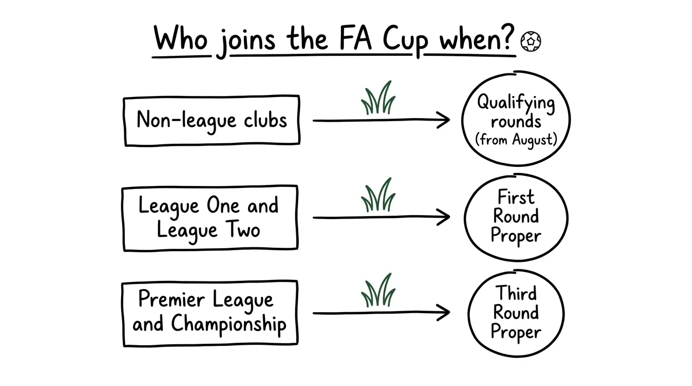 Diagram of when clubs join the FA Cup: non-league in qualifying, League One and Two in the First Round, Premier League and Championship in the Third Round