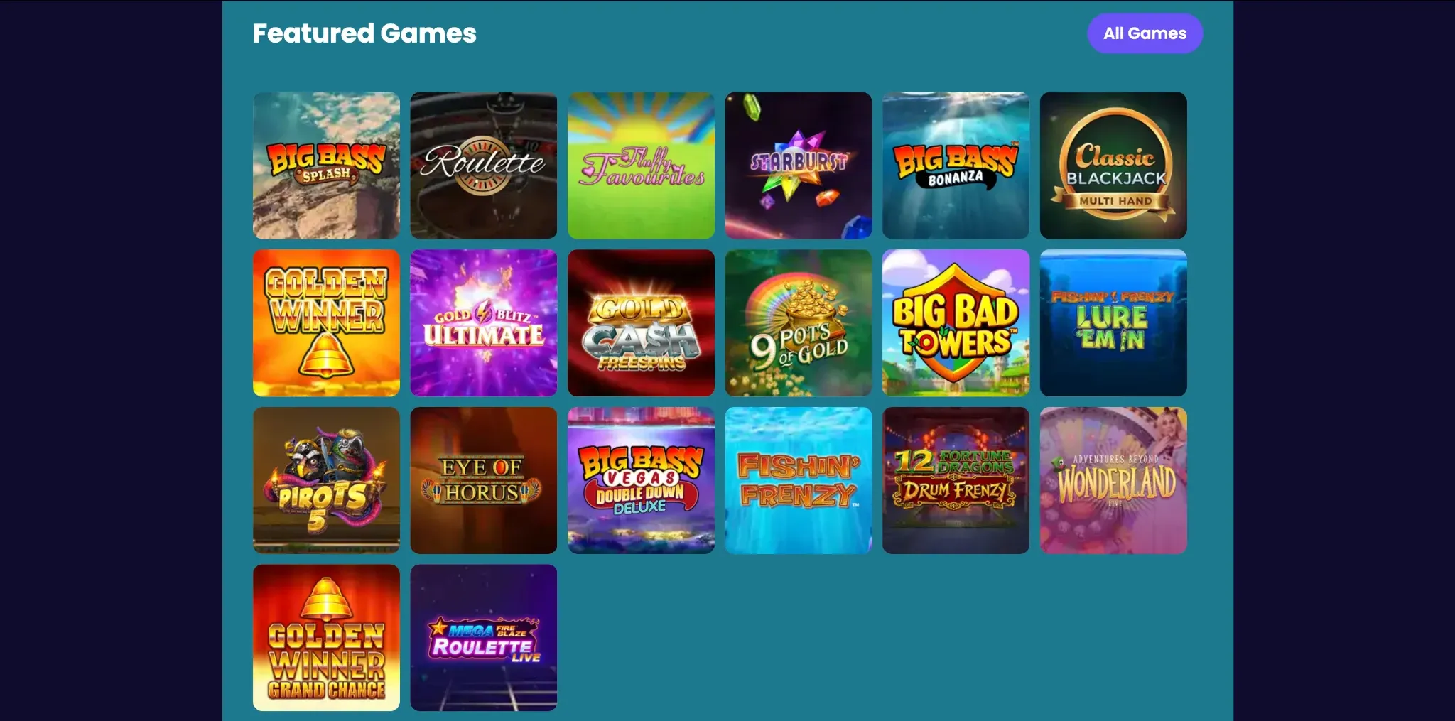 Fluffy Spins featured-games lobby with slots, roulette, blackjack and live games