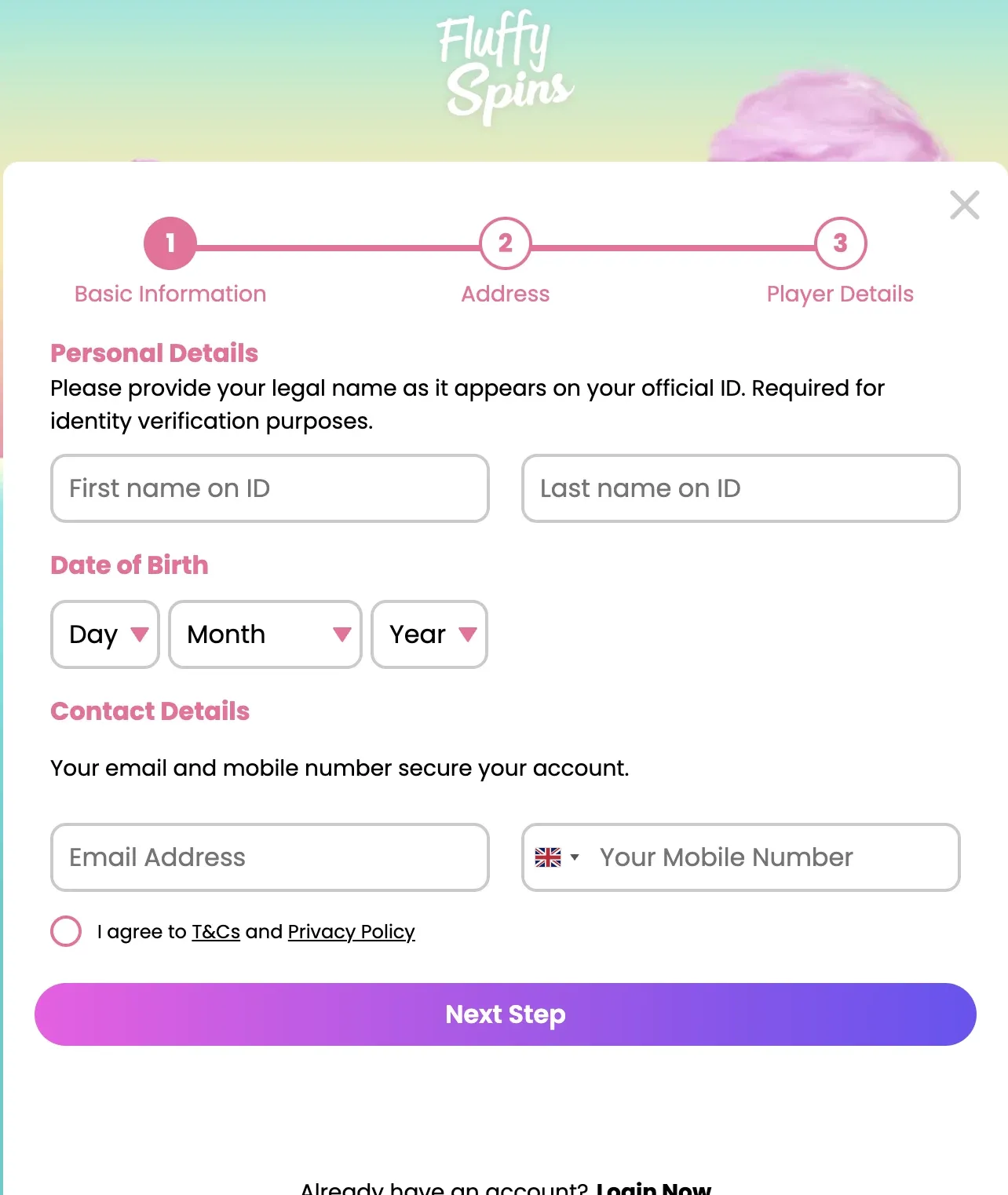 Fluffy Spins registration form with empty personal and contact fields