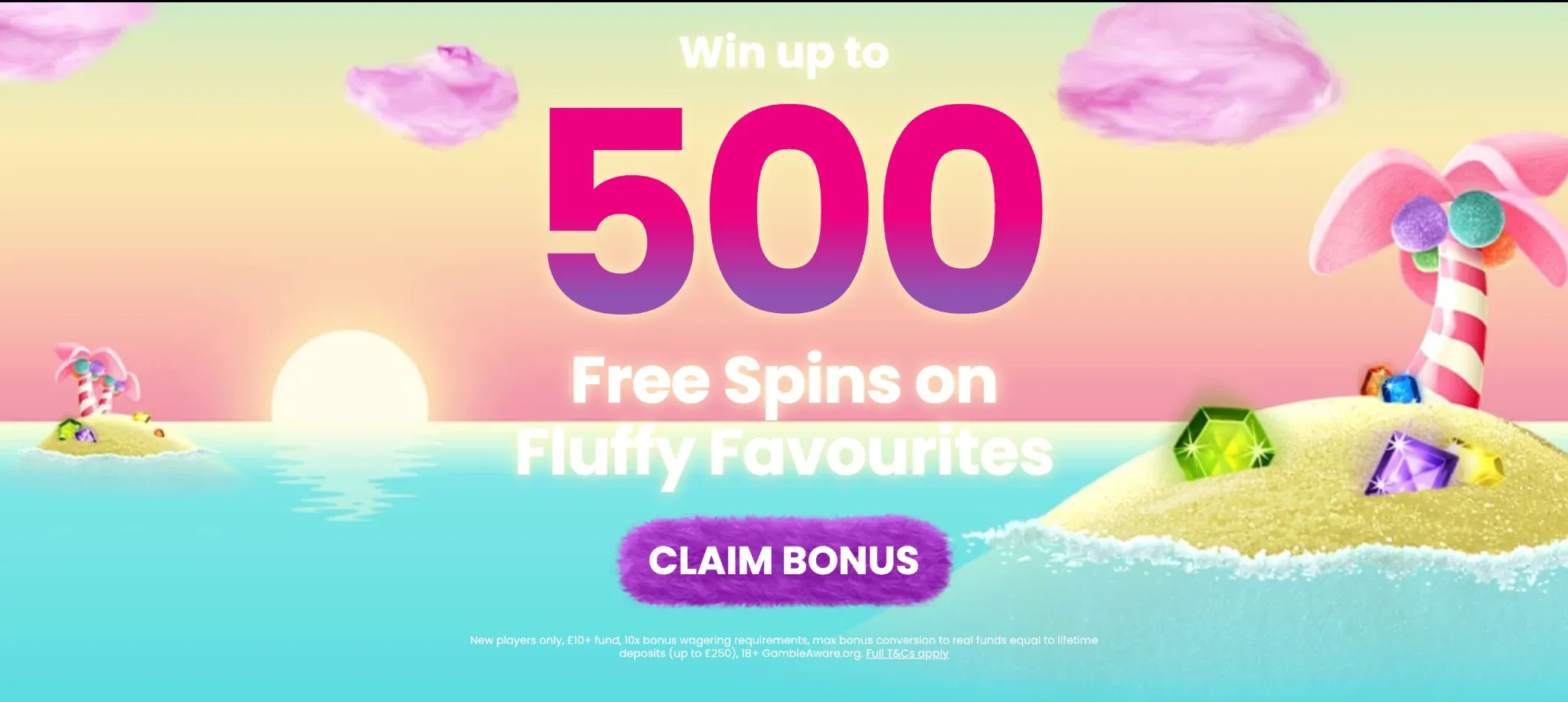 Fluffy Spins welcome banner offering up to 500 free spins on Fluffy Favourites