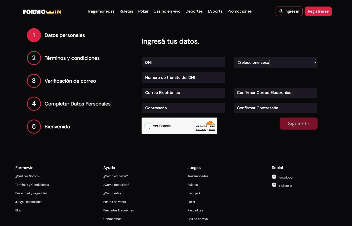 Formulario de registro de FormoWin Argentina