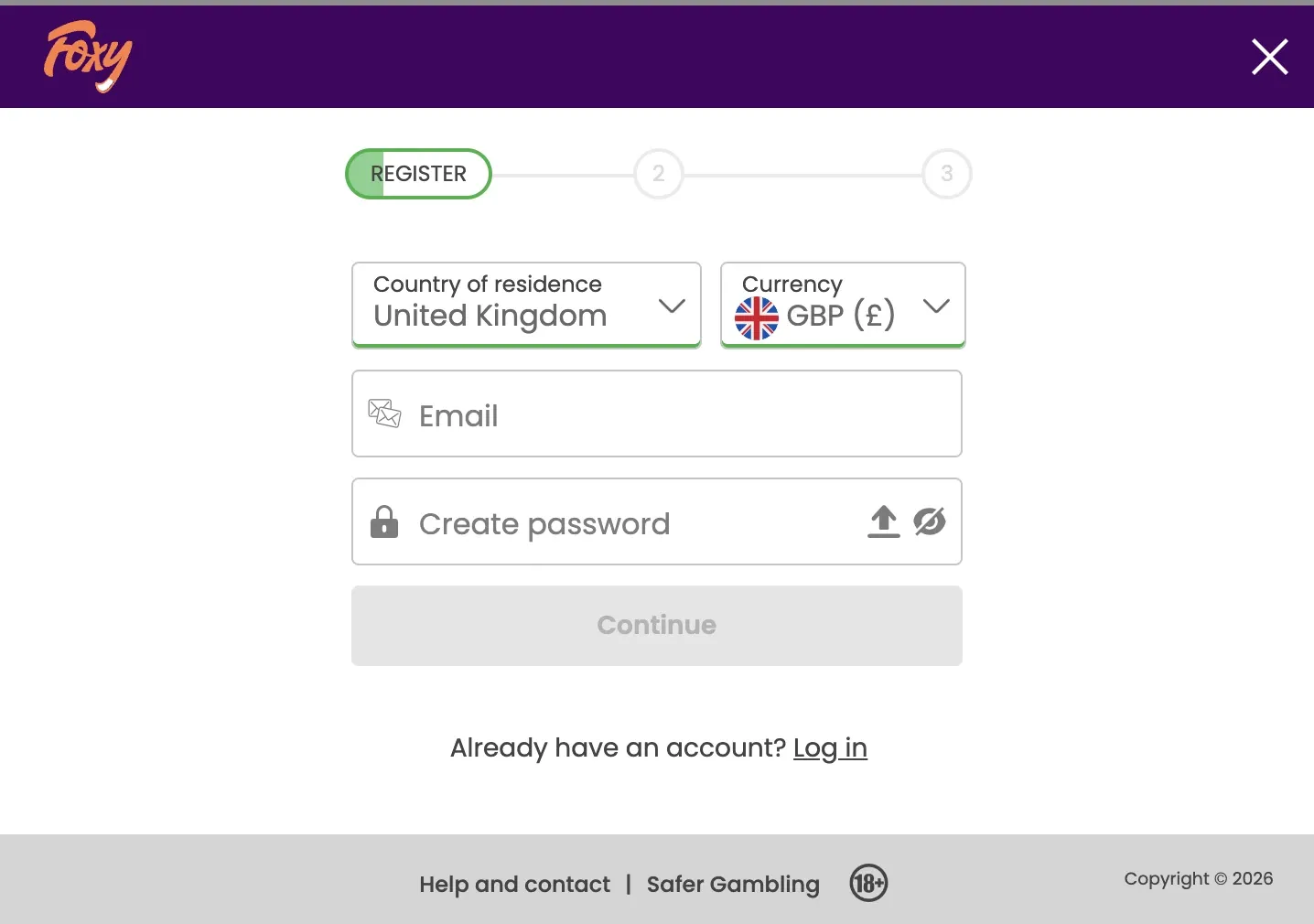 Foxy Bingo registration form with United Kingdom and GBP selected