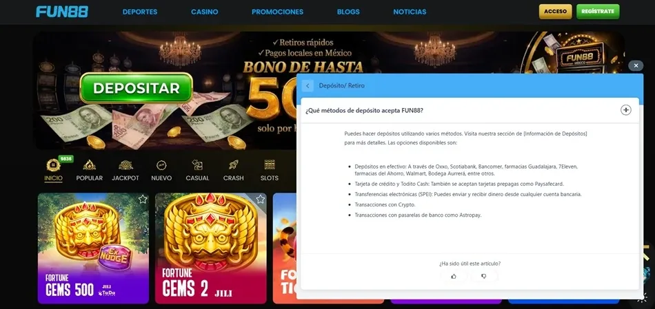 Ayuda sobre métodos de depósito en Fun88 México