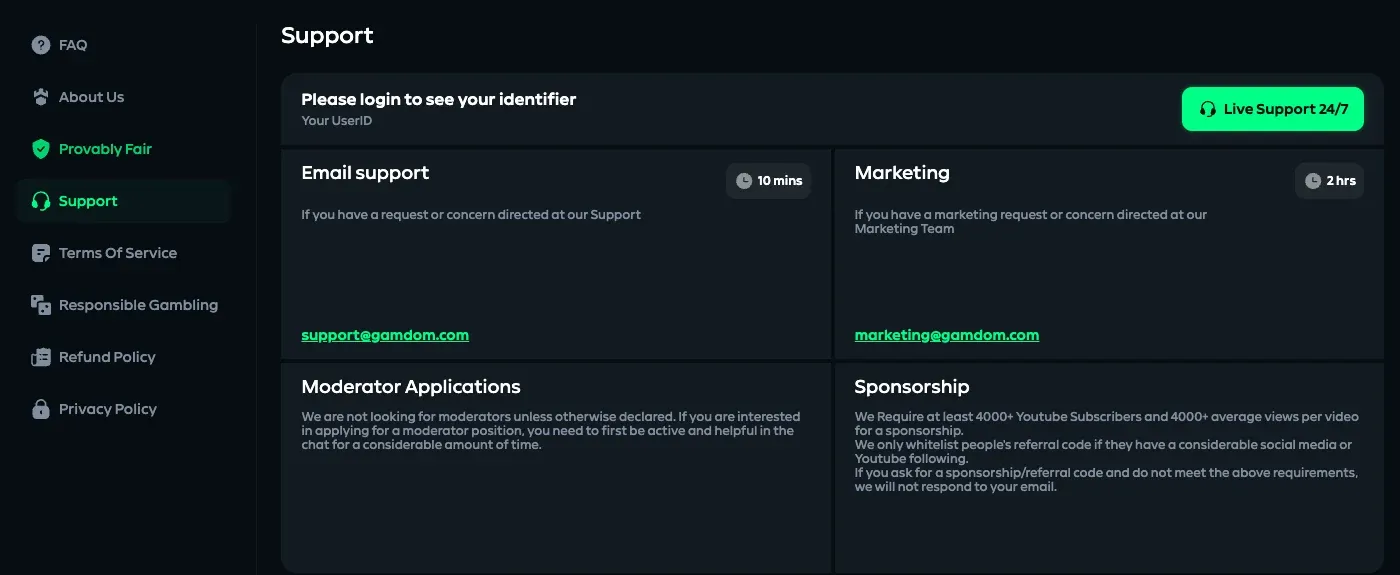 Gamdom live and email customer support options