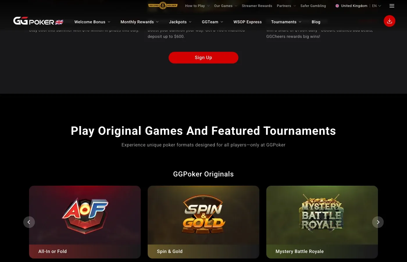 GGPoker original poker games including All-In or Fold, Spin and Gold and Mystery Battle Royale
