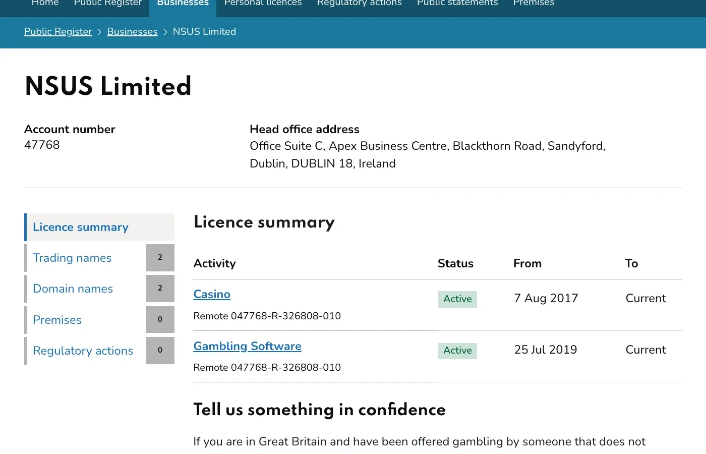 UK Gambling Commission licence record for NSUS Limited