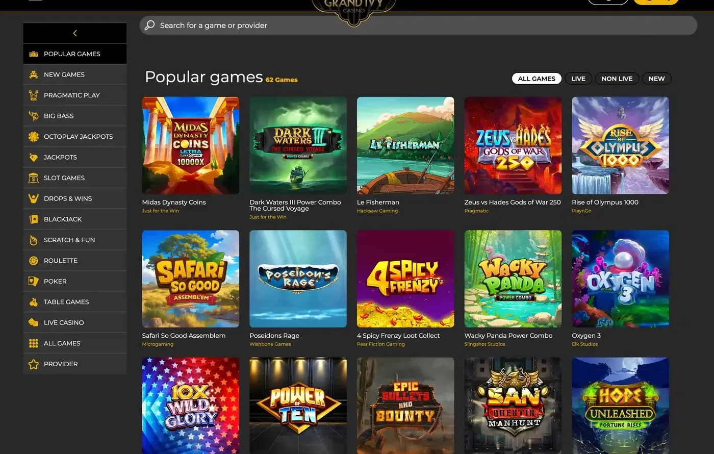 Grand Ivy UK popular-games lobby and casino categories