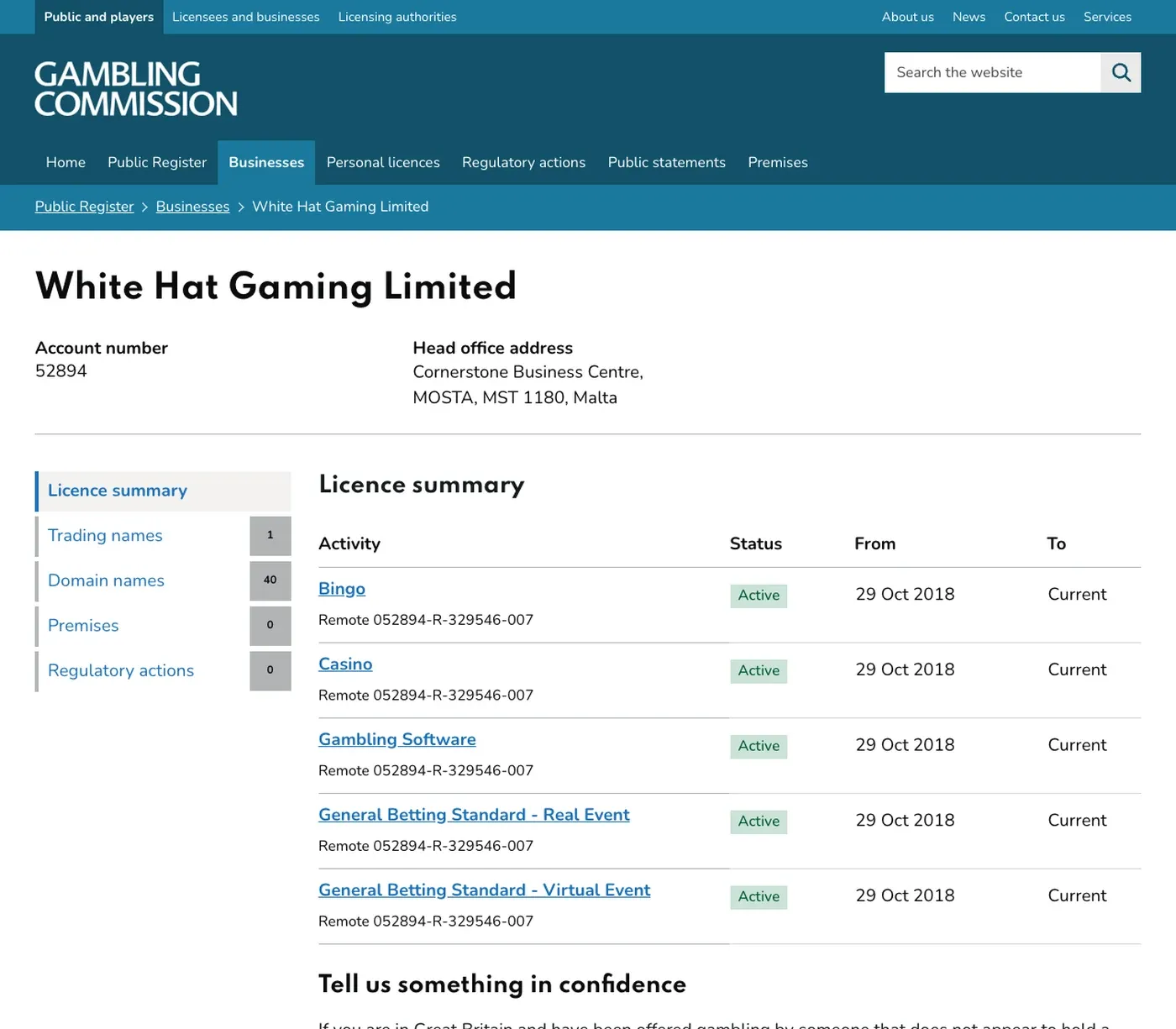 UKGC licence summary for White Hat Gaming Limited account 52894