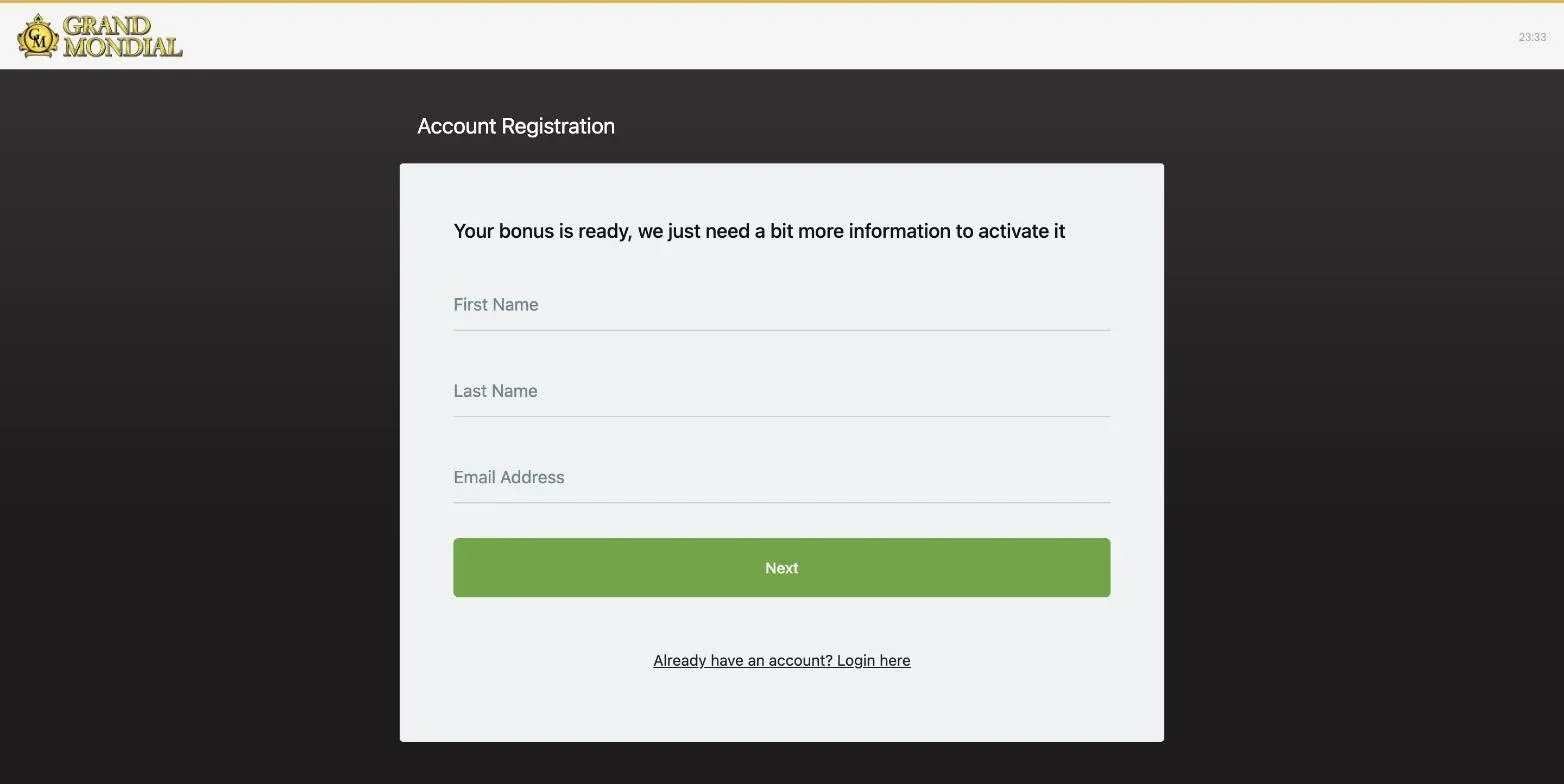 Grand Mondial Casino registration form requesting first name, last name and email