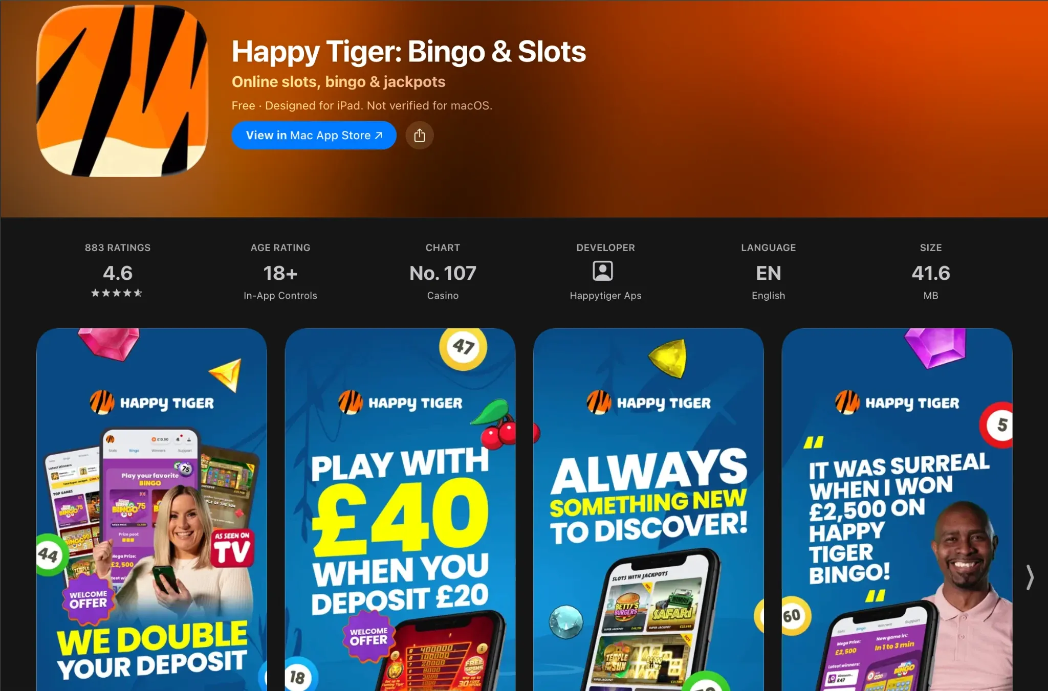 UK App Store listing for the Happy Tiger Bingo and Slots app
