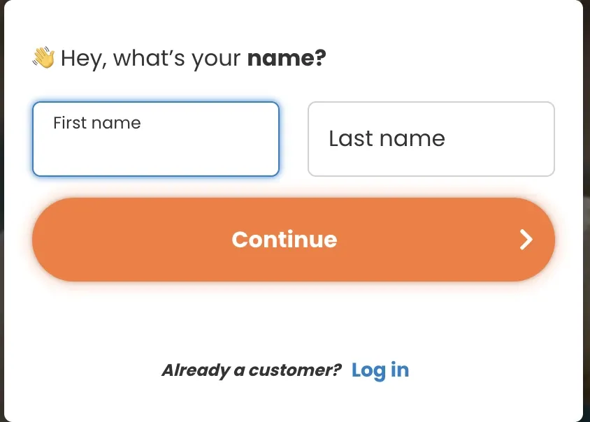 Happy Tiger registration step asking for a new player’s first and last name
