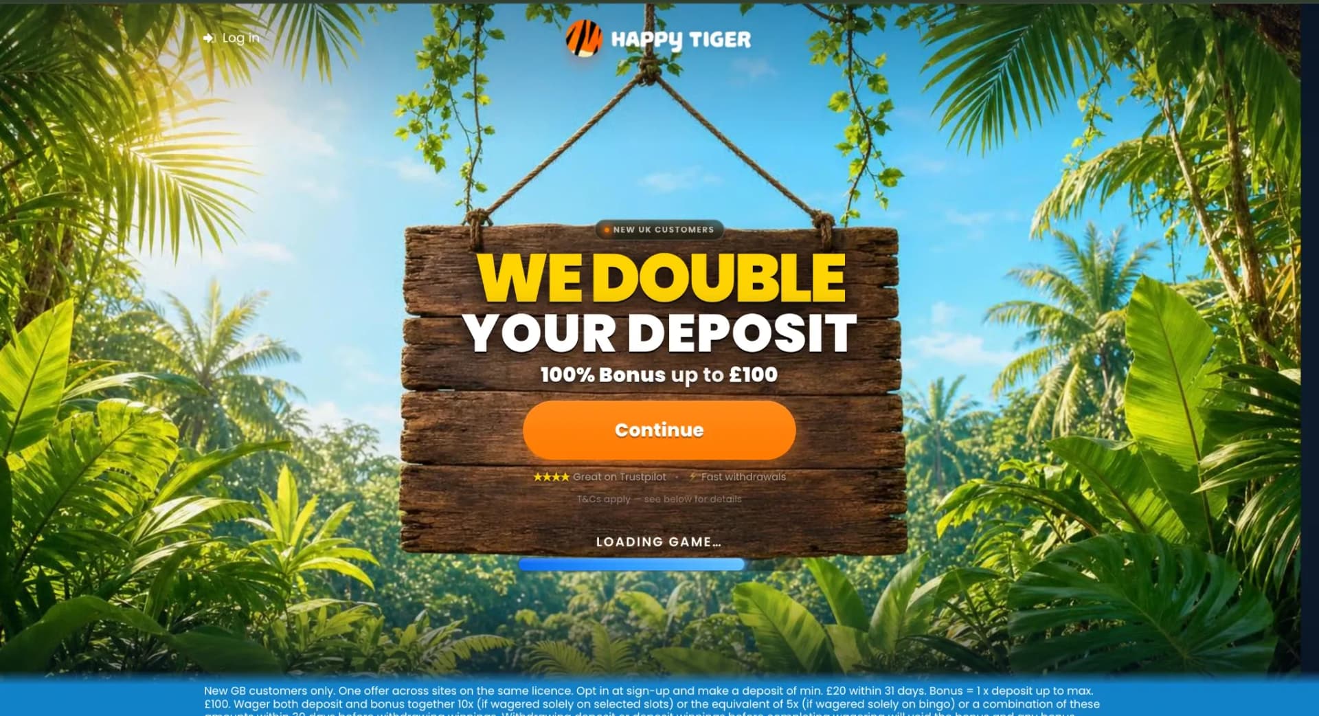 Happy Tiger welcome offer for new UK customers showing a 100% bonus up to £100