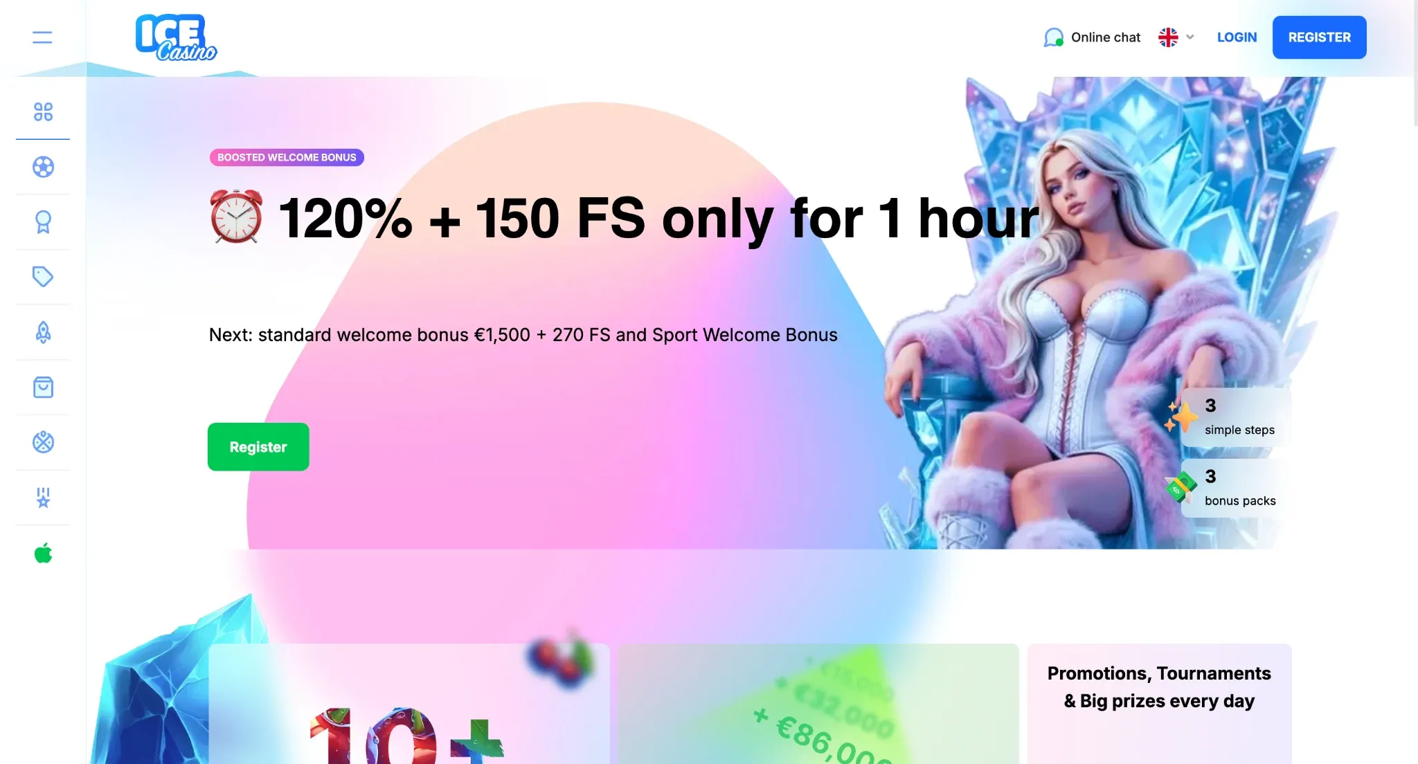 Ice Casino welcome page and bonus offer in Ireland