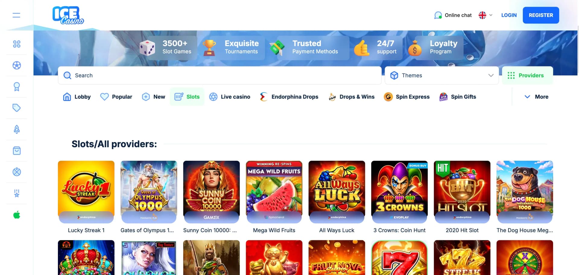 Ice Casino slots page with provider filters and game cards