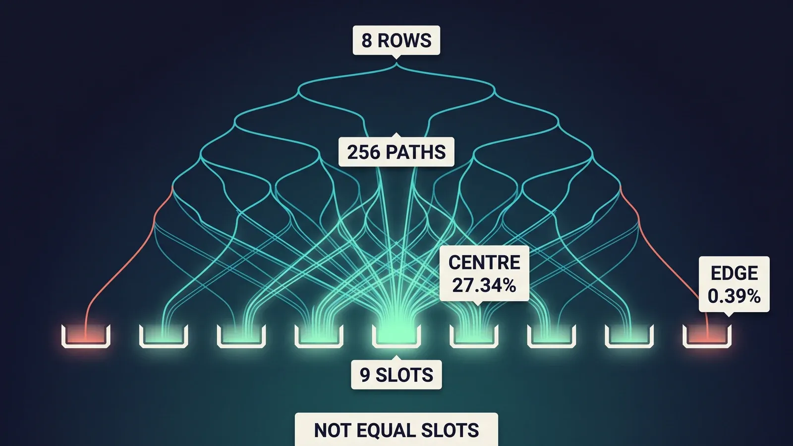 Eight-row Plinko paths converging unevenly across nine final slots
