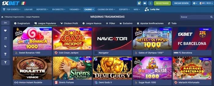 Lobby de máquinas tragamonedas de 1XBET con Sweet Bonanza 1000, Coin Craze Jackpot y Gates of Olympus 1000