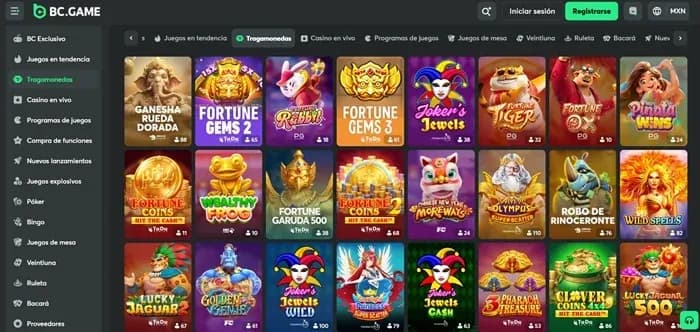 Lobby de tragamonedas de BC.GAME con Fortune Gems, Joker's Jewels y otros juegos