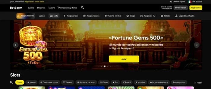 Sección Slots de BetBoom con banner de Fortune Gems 500 y filtros de juegos