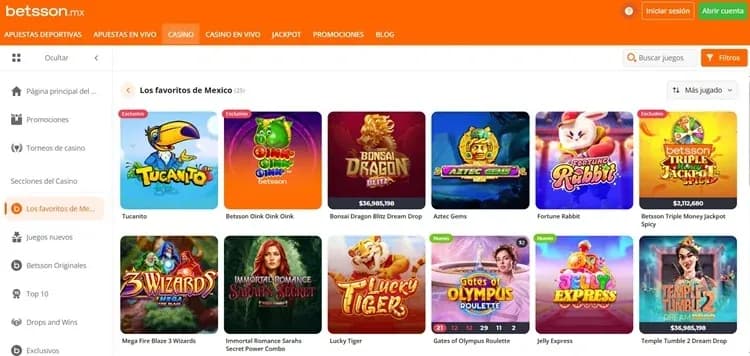 Lobby Los favoritos de México de Betsson con Tucanito, Fortune Rabbit y Lucky Tiger
