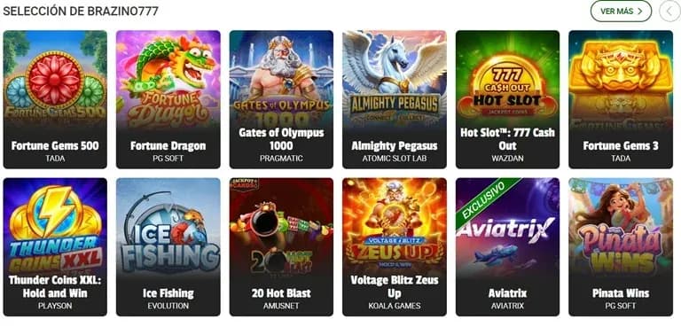 Selección de Brazino777 con Fortune Gems 500, Gates of Olympus 1000 y Hot Slot: 777 Cash Out
