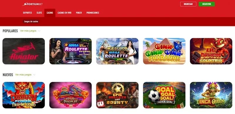 Lobby de SPORTIUMBET con tragamonedas populares y nuevas