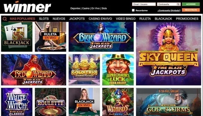 Lobby de winner con tragamonedas y juegos como Blue Wizard, Sky Queen y Red Wizard