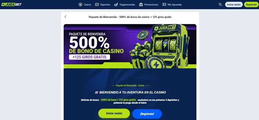 Paquete de bienvenida con 125 giros de Jugabet México