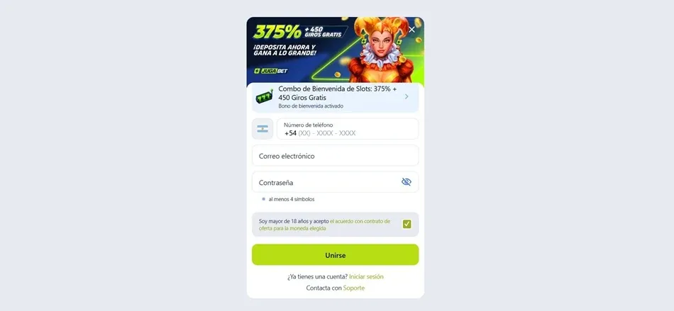 Formulario de registro de JugaBet Argentina con prefijo +54