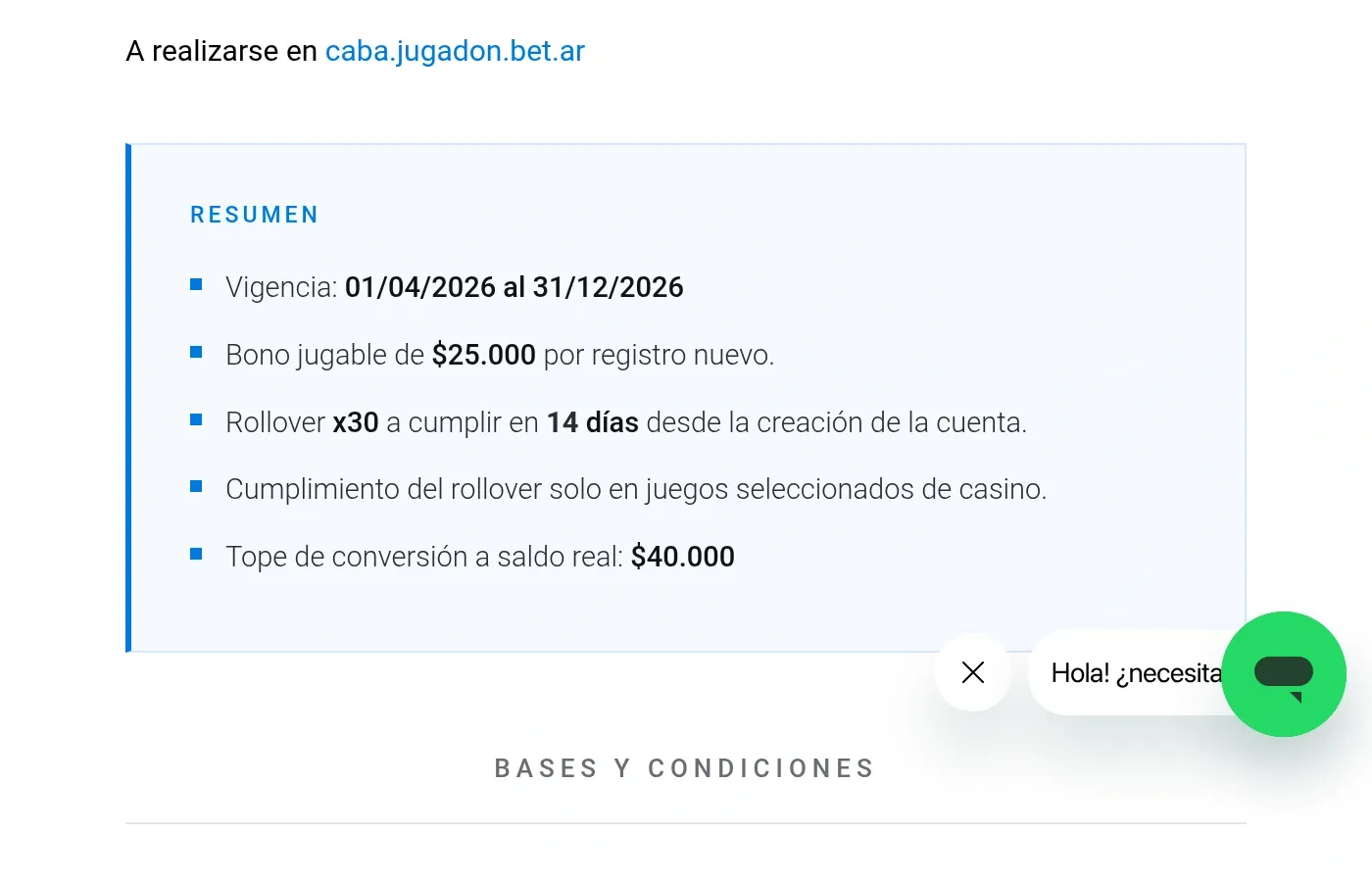 Resumen de la bienvenida de Jugadon con x30 y conversión máxima de ARS 40.000