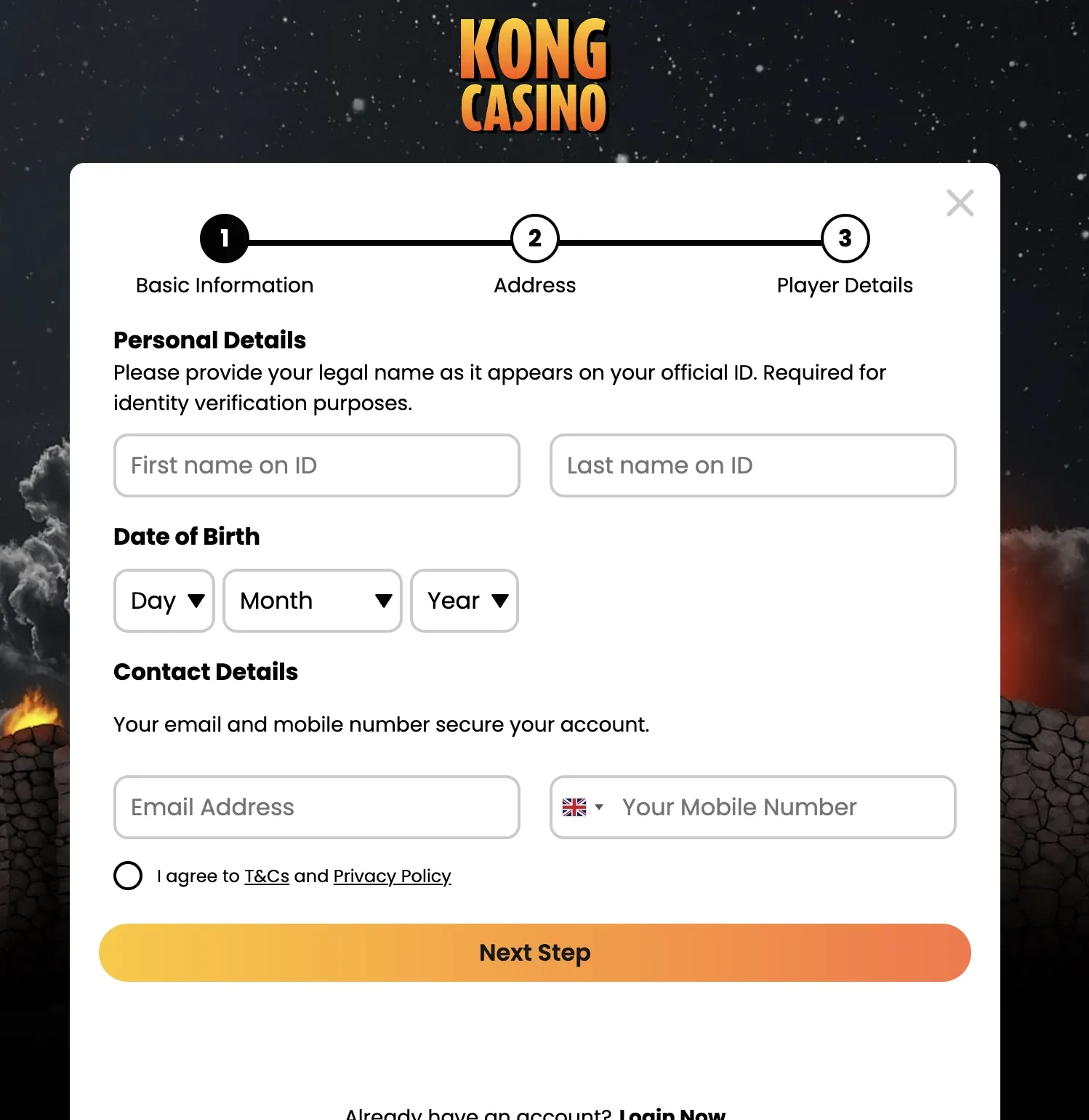 Kong Casino registration form
