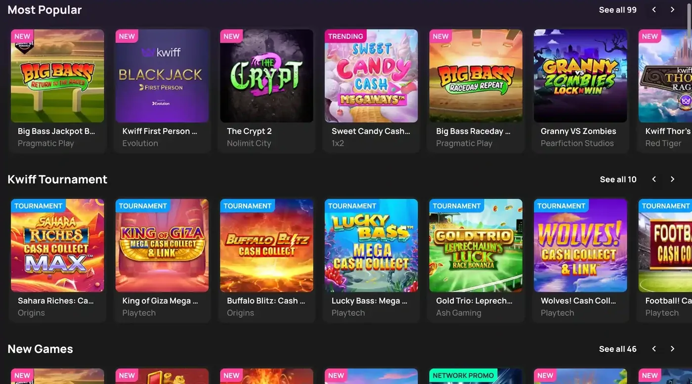Kwiff casino lobby showing game rows and providers