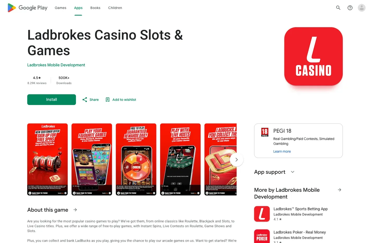 Current Ladbrokes Android casino-app listing