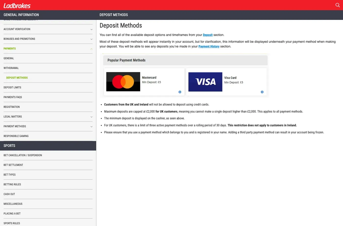 Ladbrokes UK Help Centre showing deposit limits and payment-method rules