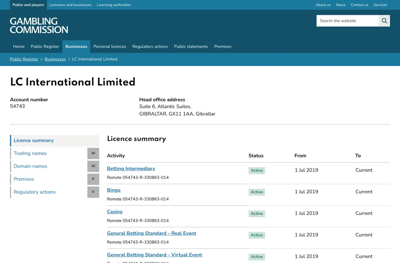 Current UKGC record for LC International Limited and account 54743